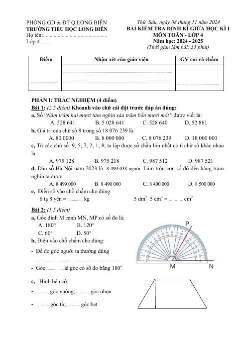 Đề thi Giữa kì 1 Toán lớp 4 năm 2024-2025 trường Tiểu học Long Biên (Hà Nội)